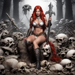 [high res photo by Moritat] Red Sonja poised on hands and knees surrounded by bones and skulls