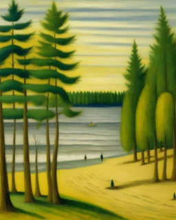 A beach near a forest painted by George Seurat