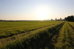 clearing next to an ideal farm field, sunny morning, product photo setting, mid-level horizon, taken from 15 feet up
