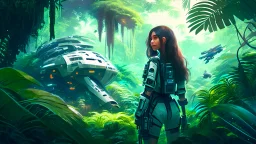 Wide-angle, woman with straight hair, dressed like a robot, with equipment in her hands, next to a crashed spaceship, in a clearing on an alien jungle world