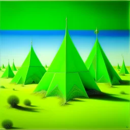 A lime green desert with three pyramids painted by the Limbourg brothers