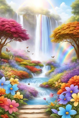 fantastic,Beautiful garden, flowers,rainbows, cascades arc en ciel, papillons colorés