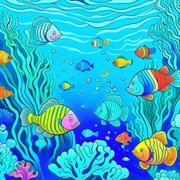 An enchanting underwater scene in the ABC Coloring Book, showcasing vibrant coral reefs with diverse marine life, a playful group of clownfish swirling around anemones, crystal-clear turquoise water, emphasizing the intricate patterns on the coral and the animated expressions of the fish, Illustration, watercolor on textured paper, --ar 16:9 --v 5