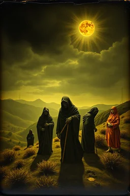 Daguerrotype close up some mysterious figures, odd background, Hieronymus Bosch Max Ernst ambient light, by Minicavio Quollati and Marlost Endgulp, Amano, Botticelli, highlands, Alphonse Mucha