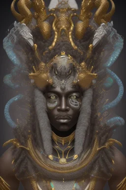 black male African Egyptian alien, cracks in the voodoo head, wicked, diamond eyes, crown, blood, 8k, finely detailed, photo realistic, leopard robe turquoise skull head gold dragon space alien rain skeleton gold teeth silver crown silver space suit spaceships