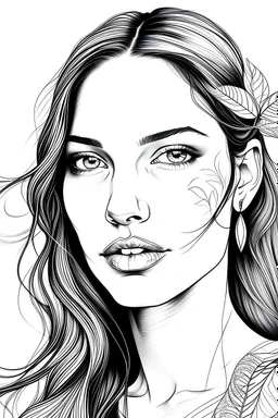 Pages with a beautiful Brunet woman's face, white background, Sketch style, only use an outline, Mandala style, clean line art, white background, no shadows, and clear and well outlined