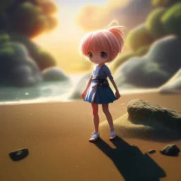 Anime little girl day, sunny, relaxing, sea, trees, real details anime style, realistic, glowing beach, 8k, octane render