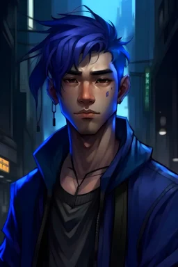 23 year old young handsome asian dark dark dark black, blue and purple haired male netrunner