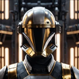 star wars bald male corellian pilot wearing pearlescent black and gunmetal grey First Order special forces heavy assault armor and helmet with gold trim inside the jedi temple, centered portrait, hyperdetailed, dynamic lighting, hyperdetailed background, 8k resolution, volumetric lighting, light skin, fully symmetric details