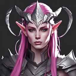 Wood Elf warrior female, long fuchsia colored hair with small braids woven in and delicate curved antlers and pale clear eyes a scar on her face, armor is dark fuchsia and grey powerful and graceful, best quality, masterpiece, in flat desgin art style