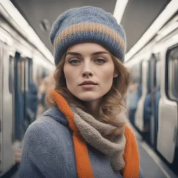 A woman in the metro in the style of Moebus,, blue, Grey, beige,orange, with a woollen hat