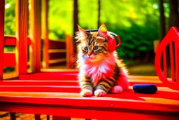 a contented long-haired cute beige kitten with big headphones on its head sits on a red bench in the woods, musical notes emanating dynamically from the headphones, mice sitting in front of the bench playing cards in the sunshine