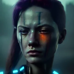 a moody close-up portrait of beautiful female warrior in a cyberpunk city, volumetric lighting, particals, intricate detail,realistic