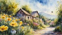 watercolor, impressionism, byzantine alcohol oil painting of a village, bee on a flower close up, 32k resolution, hyper detail, fine details, fine rendering, airbrush strokes, 8k concept art, hyper detail, intricate detail