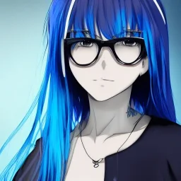 Anime girl Black clothes glases Blue hair sad