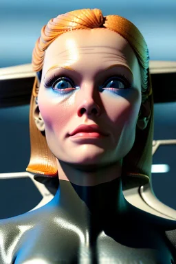 Ultra Realistic retro sci-fi, Supermarket parking scene, 1960 year, blonde woman, sweet young Juliane moore face, x ray lights eyes, face makeup, tight latex coat, levitating cars, many panic people, Retro sci-fi style, soft color, highly detailed, unreal engine 5, ray tracing, RTX, lumen lighting, ultra detail, volumetric lighting, 3d, finely drawn, high definition, high resolution.