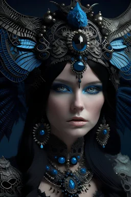 Beautiful young faced voidcore metallic filigree steampunk woman black haired portrait textured azurite ribbed hát headdress ribbed with voidcore style mineral stone ribbed headdress, black pearls i, white crystals n the long black hair, textured butterfly pattern embossed art nouveau black and light blue and beige costume extremelmly detailed intricate 8 k organic bio spinal ribbed detail of floral embossed voidcore decadent angelic background resolution epic cinematic maximálist concept art