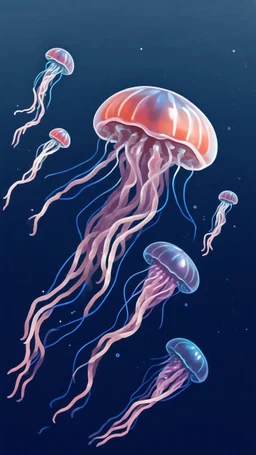 Draw jellyfish, translucent and slightly shining, floating in the dark.