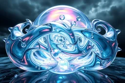 Dynamic complex hypnotic fractal 3D structures with horizontal Symmetry twisting and morphing between organic and geometric forms , smooth translucent iridescent glass with inner glow and bubbles, varied transparent materials, stormy skies, intense dramatic