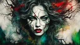 old worn torn, multi-layered cracked canvas, fine detailing with alcohol ink, Captivating realistic painting of a WOMAN, fair face, red lips, splashes of color, HORNS, FANGS, BLOODY TEARS, Multiple exposure, fluffiness, her face is illuminated, her hair merges with swirling fractal vines and tree roots, dark green foliage, symbolizing the unity of strength and wild nature. Flowing hair dissolves into intricate, endless patterns, as if they are protectors and part of the same organic force. Moon