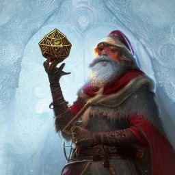 Insanely detailed photograph of an “D&D cleric santa holding glowing D20” with intricate detailed beard, intricate embroidered clothing, hyperdetailed painting by Ismail Inceoglu Huang Guangjian and Dan Witz CGSociety ZBrush Central fantasy art album cover art,8K, hdr, mysterious, ominous, snowflakes,jolly