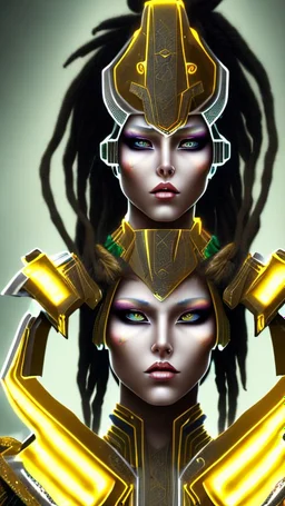 A woman has tanned skin, yellow eyes and black dreads. Her face show her superiority in the eyes of others. She is dressed in a steel armor with a few pieces of yellow and green fabric sticking out.