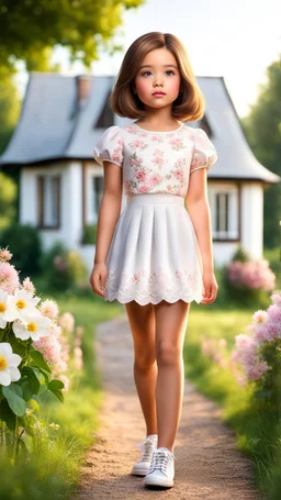a 5 percent carton like 4 years old girl with realistic face and bob hair and makeup in pretty top and short tight and nice shoes,looking like a beautifull lady standing in country side next to country house with flowers,trees.