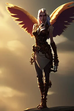 steampunk angel, pale, clouds, golden glow, majestic, heroic