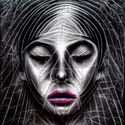 Silver on black paper portrait of female face of migraine, face distorted with pain, reverse colors, screaming, tears streaming from eyes, colorless, glitchcore, dystopian, horror, ultra realist texture, intricate line drawing,