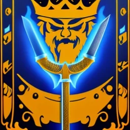 yellow king with a sword facing up and down, both hands on the sword, the right side of the king is flaming with a blue flame, the left side of the king is flaming with a red flame