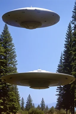 a group of [school kids] see one saucer shaped ufo::25 flying over tall pine trees, year is 1966 in color, concept art, by Asaf Hanuka, by Weta Digital, Electric Colors, Screen Space Global Illumination, in a symbolic and meaningful style