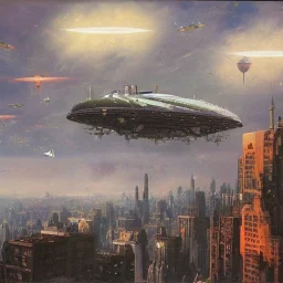 Steampunk scene of futuristic New York,galaxian fantasy airships flying over Manhattan in a cloudy sky,Giant sci-fi super-panzer in the style of John Berkey