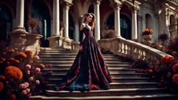 stunning fashion photo of a woman stands nice stairs best pose in extreme weird dress in garden, her is perfect beauty face, perfect full body, sunshine, , lace, deep colors, fine flower patterns, geometric, high detailed, sharp focus, stunning weird fashion, futuristic-Rococo style, best quality , professional photographer, best nikon shoot