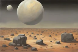 Grey sky with one planet in the horizon, rocks, sci-fi, rocky arid land, 2000's sci-fi movies influence, rodolphe wytsman and friedrich eckenfelder impressionism paintings