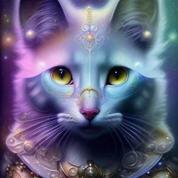 a beautiful, stunning mixed media artwork of cat made of clouds, butterflies, milky way, digital painting, hyper-realistic, intricate, high-quality, fine-detail, in the style of Lea Roche, Dottie Dracos, brian froud, howard lyon, selina french, anna dittmann, annie stokes, lisa parker, greg rutowski,