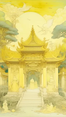 A light yellow heavenly ruins with angels painted by Qiu Ying