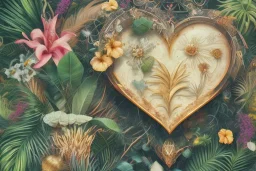 Tropical flowers, realistic heart drawing, crystals, tropical leaves, sacred altar, Fantasy home, cute animal.