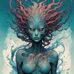 front facing full body illustration of a malevolent shape shifting female Funayurei water spirit with highly detailed facial features and skin textures, in the style of Alex Pardee , Jean Giraud Moebius, and Katsushika Hokusai, highly detailed, boldly inked, deep murky aquatic color