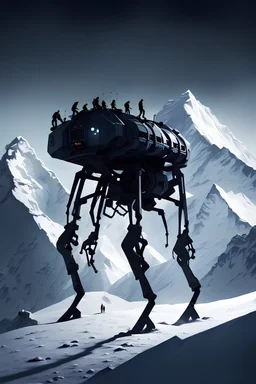 a minimalist silhouette of a sleek mechanical walker with eight legs scaling a very steep snow covered side of mout everest at night, it has a smooth surface, it has storage pods on its belly and humans can fit in the pods