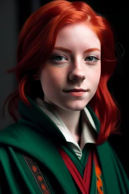 A girl with red hair and green eyes and she is wearing a Hogwarts robe