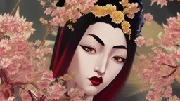 Japanese Geisha, illustration, digital art ,Vintage, Gothic, God Rays, vibrant colours, stylish ,Dark and Gorgeous art , GOD LIGHTING, Eiko Ishioka costume designer,, 32Κ, macro realistic,macro, sunbeams,beautiful, insanely detailed, cherryblossom zen garden, manga,anime,