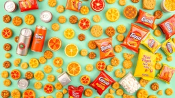 An image with the theme of orange, yellow, and bright red colors, filled with all kinds of drink cans, cakes, cookies, pasta packages, chips, and salty puffs.
