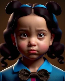 3D. Hyperrealistic photograph of Mafalda in real life, with a bowtie or butterfly type bow on her head. Straight hair. (((Whole body)))