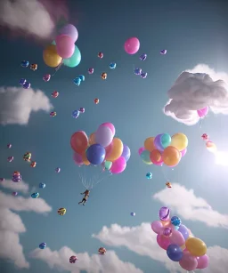 Ultra realistic speed clouds sky scene, wide angle view, sweet women falling down, Childs, feather inflatable color clothing, free jumping flying, many trinkets, hair monster, many jelly beans, balls, color smoke, smile, happy, circus style, extreme, wind, clouds sea, 20,000 feet altitude, stratosphere, soft color, highly detailed, unreal engine 5, ray tracing, RTX, lumen lighting, ultra detail, volumetric lighting, 3d, finely drawn, high definition, high resolution.