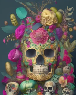 Mexican Skull Calavera, surrounded by poetic ornamental elements such as fruits, flowers, garlands of lights and native plants, colors Pink, Green, Gold and Black, 3D style, painting art, highly detailed, surrealist