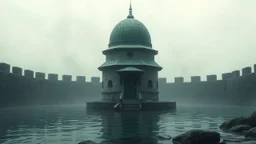 fantasy, A small domed building with a green roof standing in the middle of a body of water, surrounded by a stone wall. The sky has a hazy, dreamlike quality, adventure core, soft and dreamy depictions, epic eerie