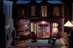 external view of a Victorian doll's house in the play room, cinematic lighting, very detailed