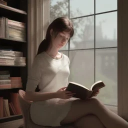 Study girl read a book in by the window, movie, real photo realistic, unreal engine, cinematic lighting --ar 1:1 creative