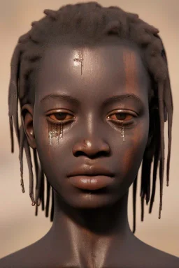 african portrait in tears with rusted clocks, rust, scaffolding, perfect face, high detail