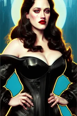 painting of kat dennings as evil queen in black leather gown, feminie, angry, stern look on her face, volouptous, busty, cleavage, emperious, mature, highly detailed, digital painting, artstation, concept art, smooth, sharp focus, illustration, art by gaston bussiere and alphonse mucha